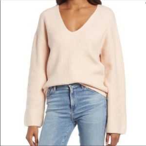 TREASURE & BOND Ribbed Knit V-Neck Pullover Sweater in Pink Hero Size XS